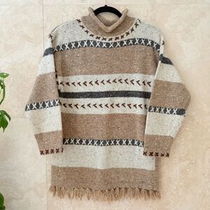 Westbound Petites Boho Turtleneck Sweater Fringe Hem Embroidered Stripes Small